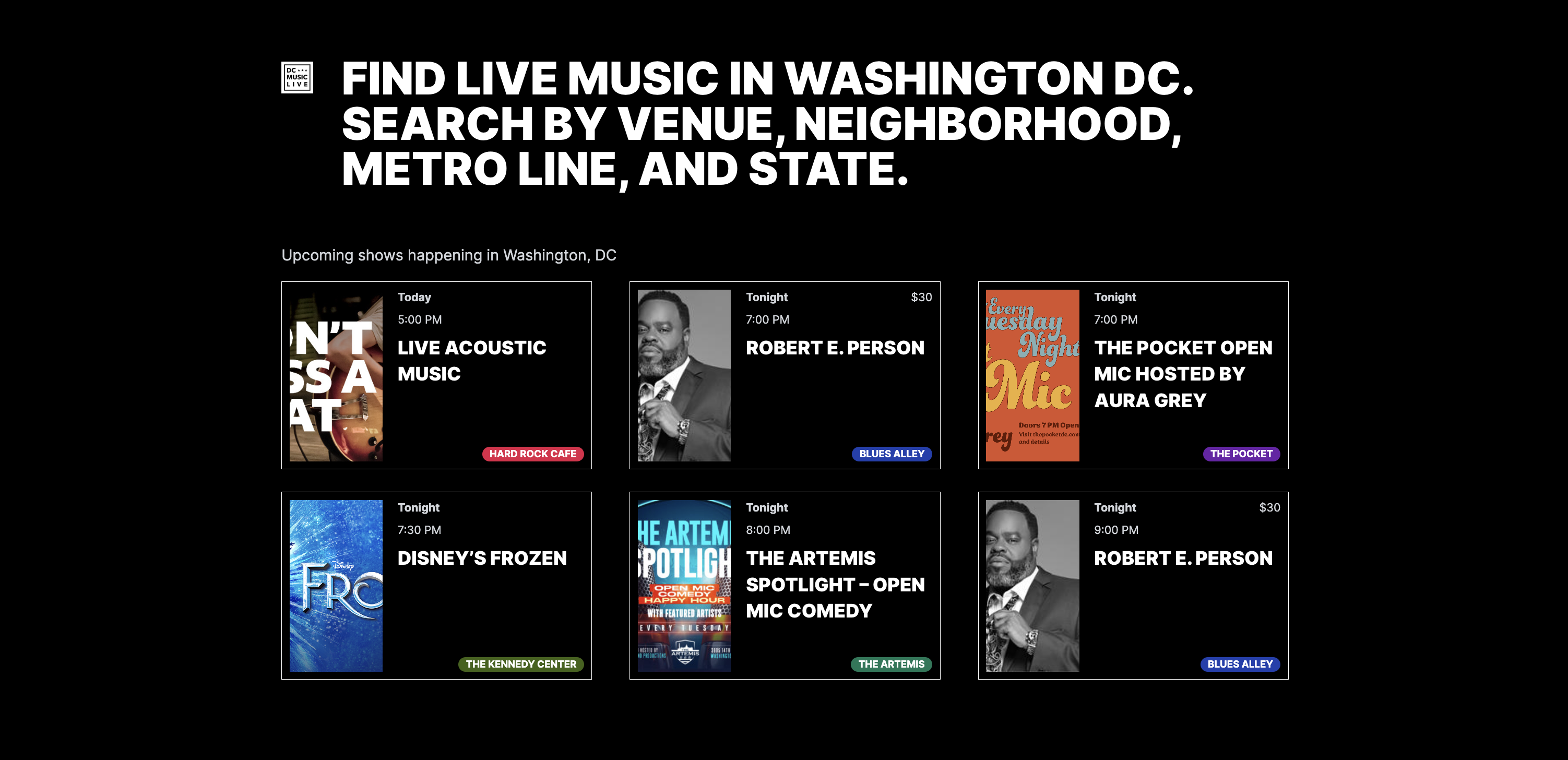 Screenshot of the homepage of DC Music Live