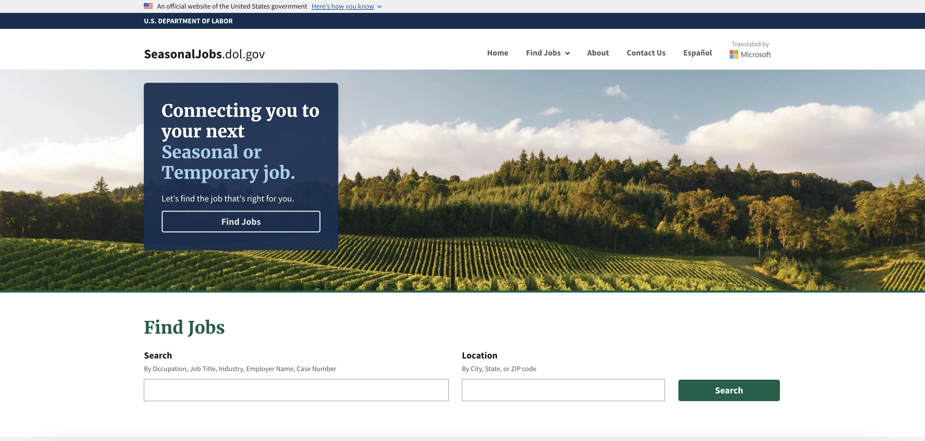 Screenshot of the homepage of Seasonal Jobs